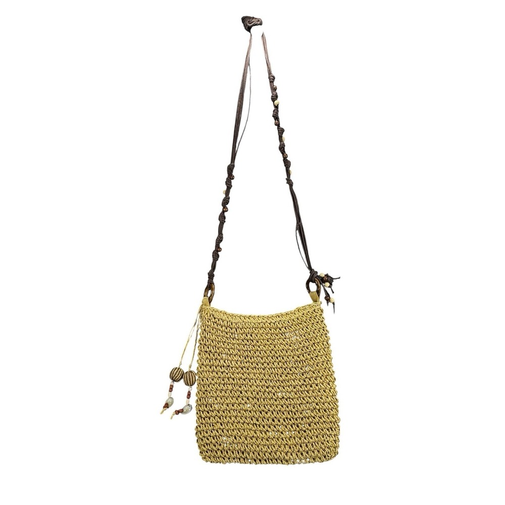 Sun N Sand Woven Straw Crossbody Bag Beaded Strap Shell Tassel Boho Beach